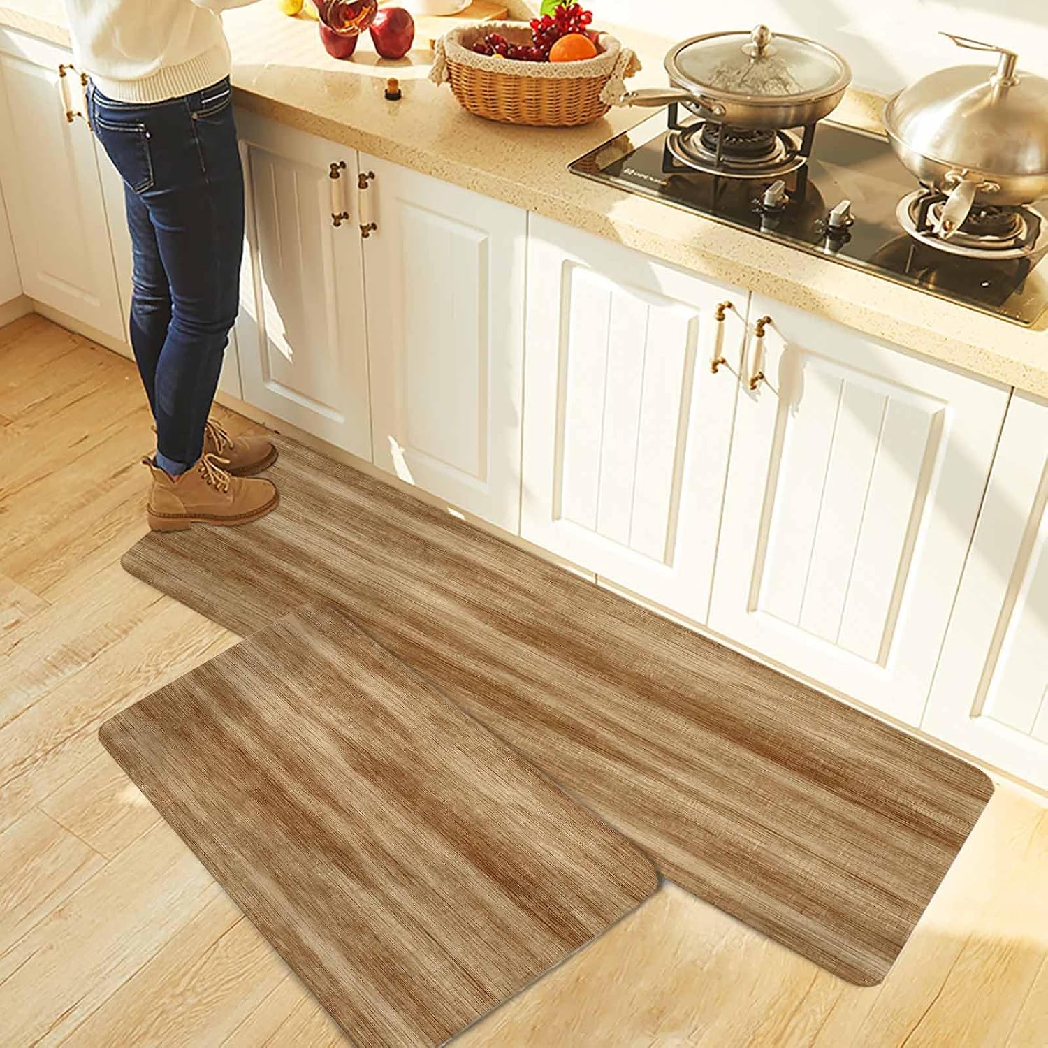 Brown Wooden Kitchen Rugs and Mats Set of 2, Non-Slip Kitchen Sink Mat, Vintage Western Country Wooden Plank Washable Doormat Bathroom Rugs Runner for Bedroom/Living Room 19.7"x23.6"+19.7"x47.2"