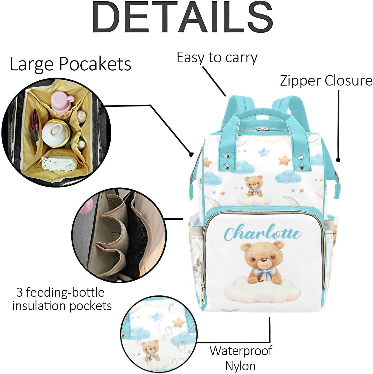 Sleeping Bear Personalized Baby Diaper Bag – Custom Name Waterproof Nappy Backpack with Multi Compartments – Stylish Gift for Mom, Dad, Baby Shower & Outdoor Travel