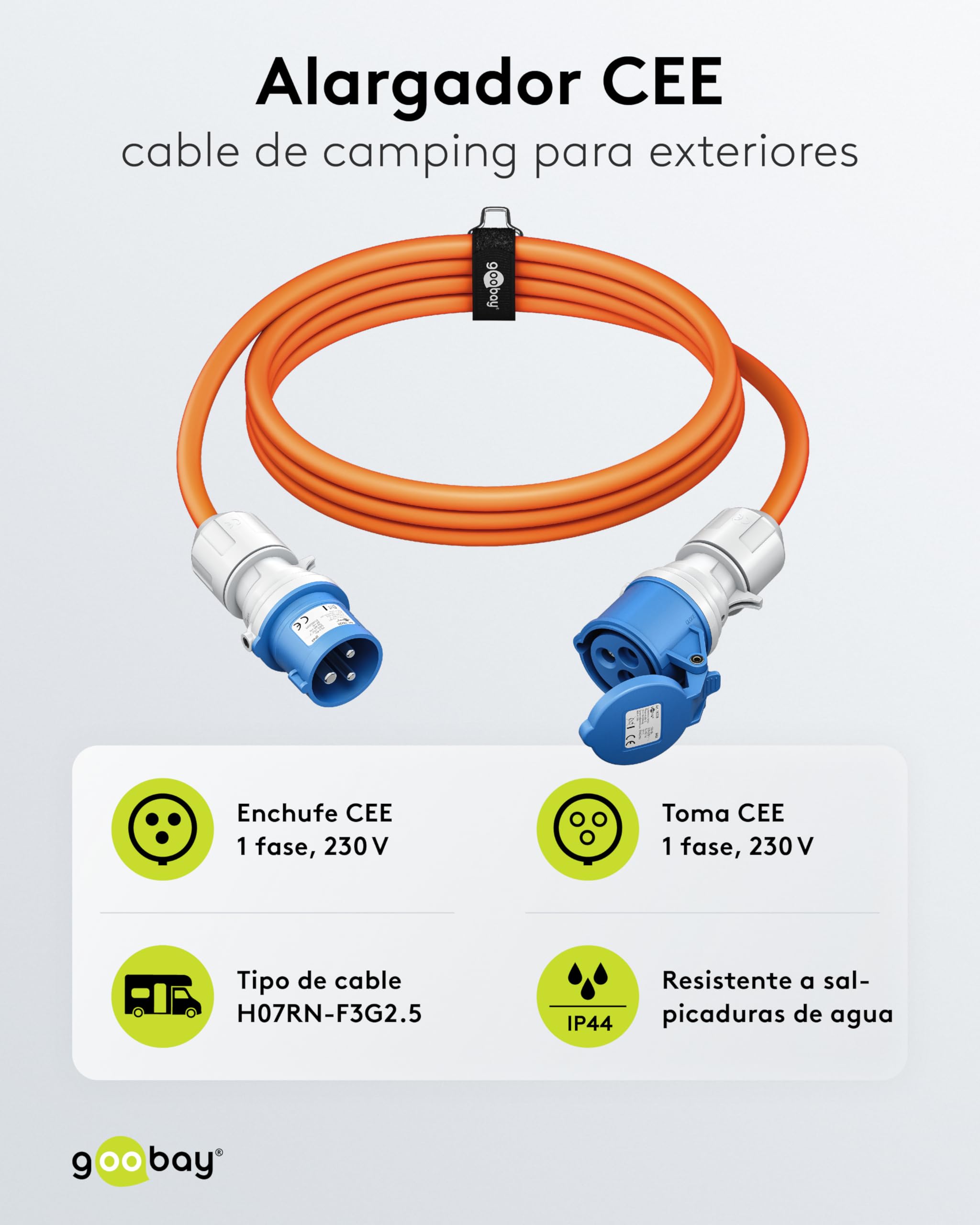 goobay Cable alargador CEE para Caravana, 10m, Enchufe CEE a Toma CEE, Toma CEE con Tapa de Cierre, IP44, Cable de Camping, autocarava y Caravana, 76229