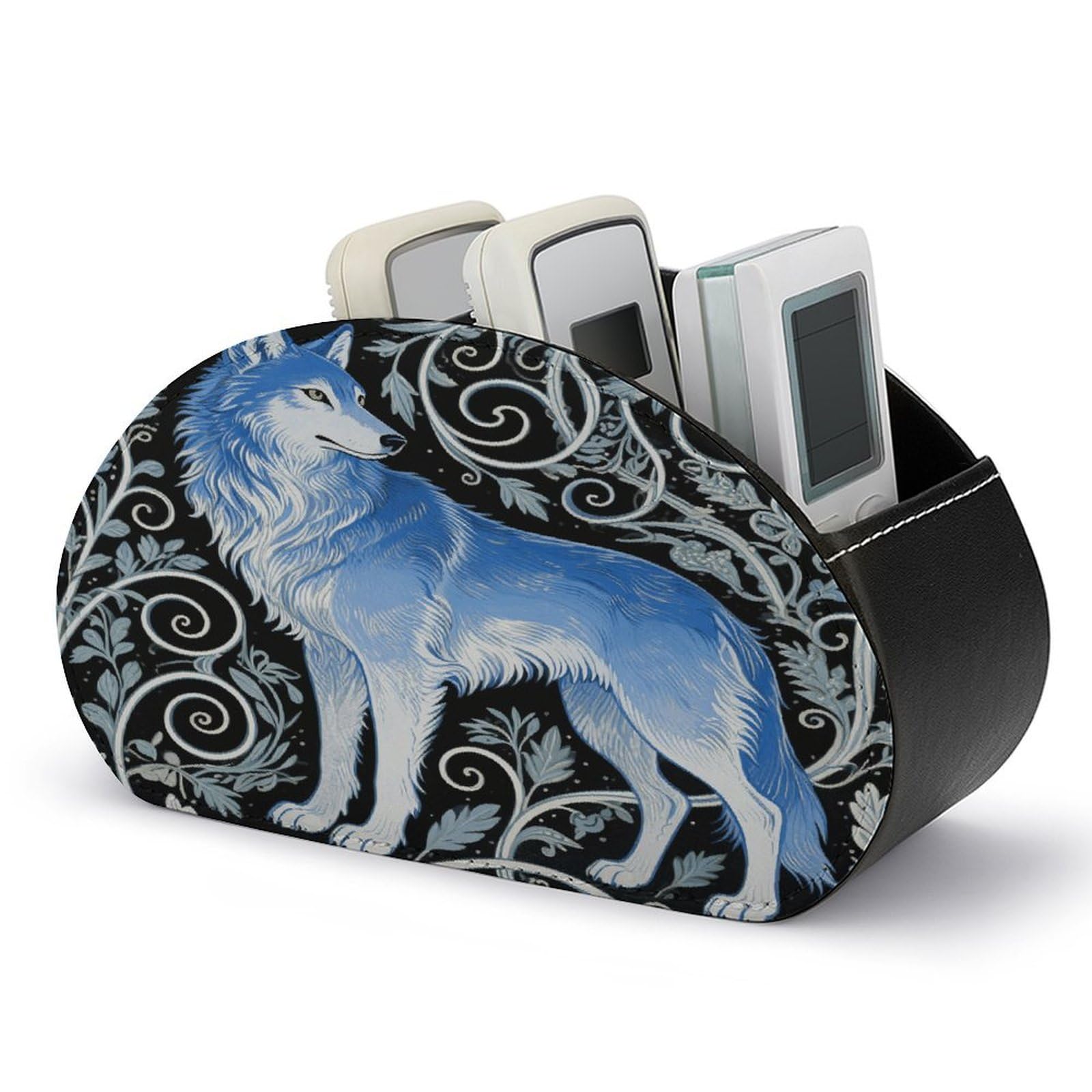 VstaDank Blue Wolf Print Remote Control Holder with 5 Compartments PU Leather Remote Caddy Desktop Organizer Store TV Remote Control Storage Box for Home Office Desk Nightstand