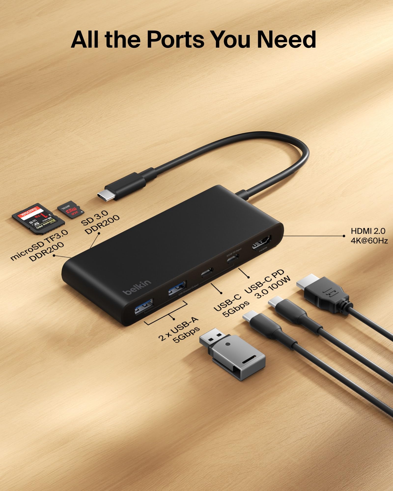 Belkin Hub USB C, concentrador de 7 Puertos con Pantalla HDMI 4K @ 60Hz, SD y MicroSD, Entrega de energía de 100 W, Transferencia de Datos rápida de 5 Gbps, Adaptador multipuerto USB C para MacBook