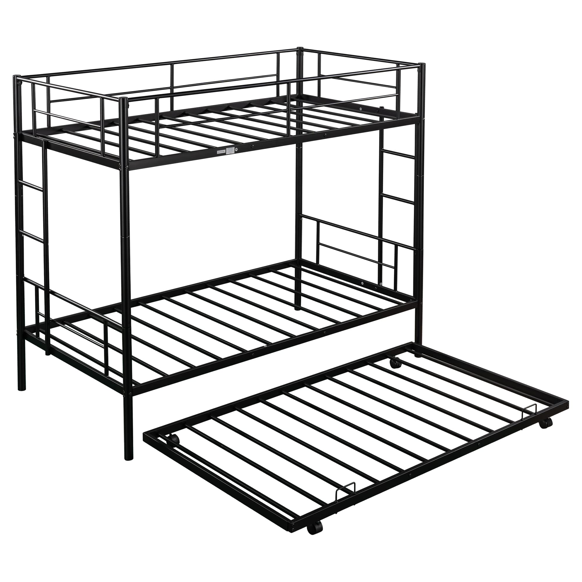 Twin Over Twin Metal Bunk Bed with Trundle Heavy Duty Twin Size Metal Bunk Beds Frame with 2 Side Ladders Convertible Bunkbed with Safety Guard Rails,No Box Spring Needed (Black)