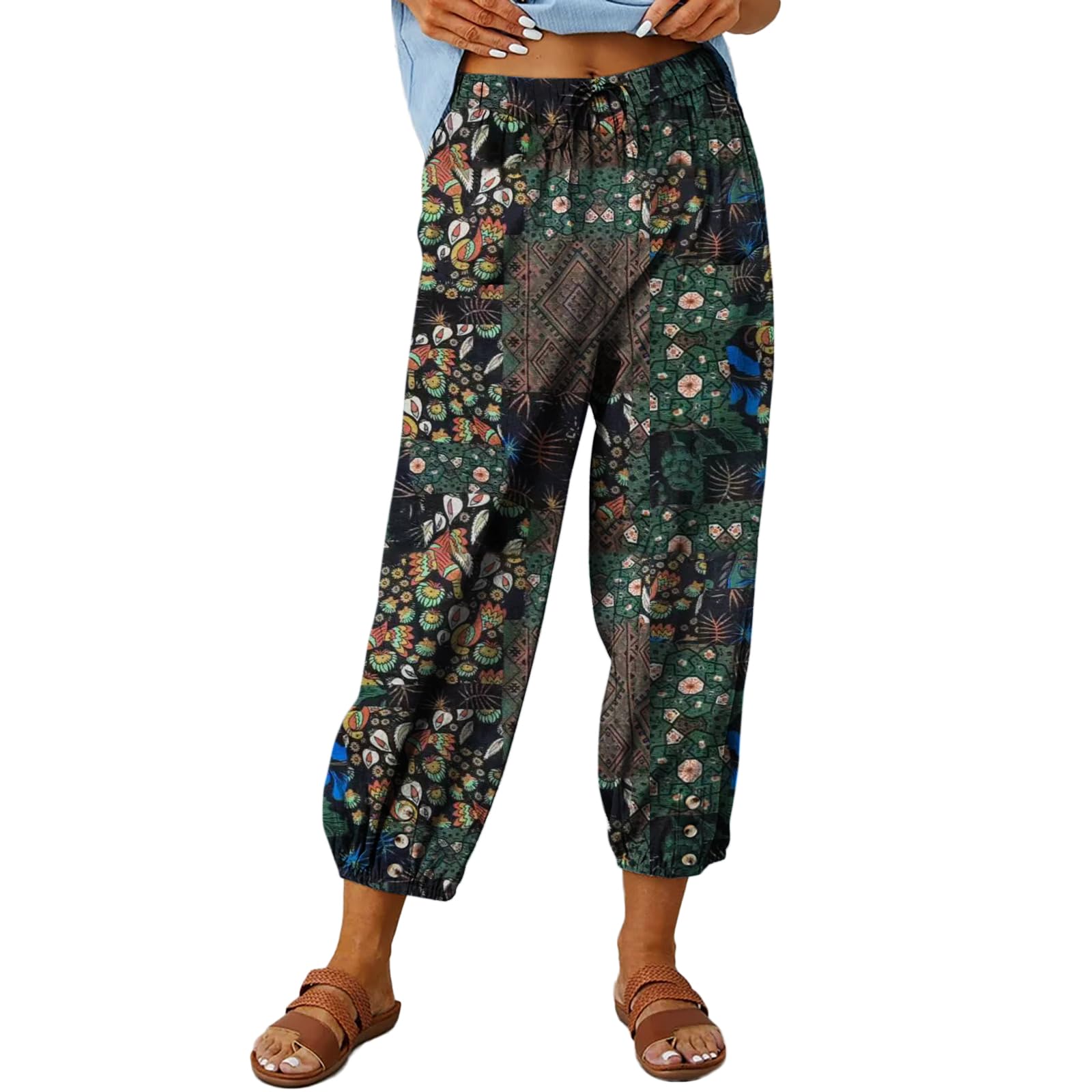 Womens Capri Pants High Waist Drawstring Cinch Bottom with Button Cotton Loose Casual Trouser with Pockets