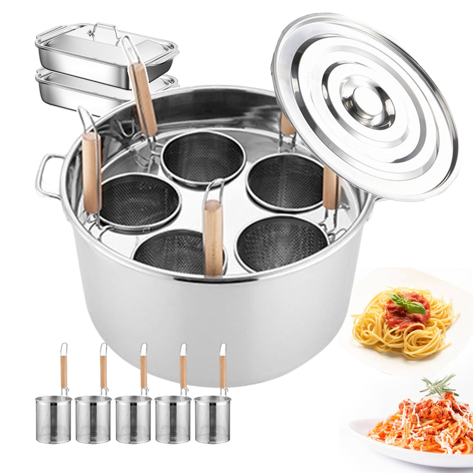 Ensemble de cuiseurs à spaghetti à 5 trous/Casseroles à pâtes et marmites avec 2 plaques de cuisson/Cuiseur vapeur/Panier filtre avec crochet/Vous pouvez cuisiner différents types d'aliments à la fois