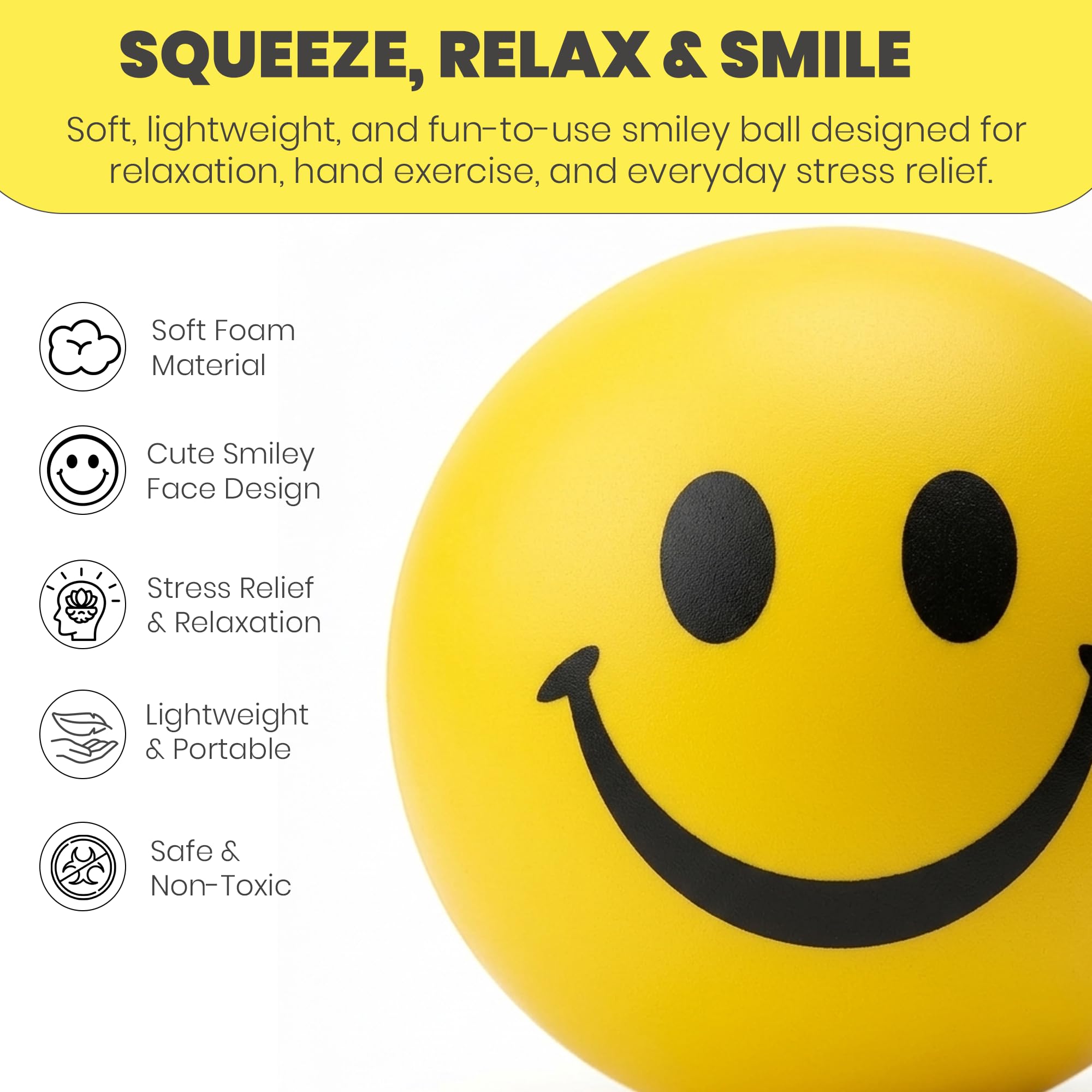 Smiley Stress Reliever Squeeze Ball Pack of 12 | Soft Foam Stress Relief Squeeze Toys | Smiley Face Therapy Balls for Kids, Adults, Return Gifts & Parties | Yellow 1