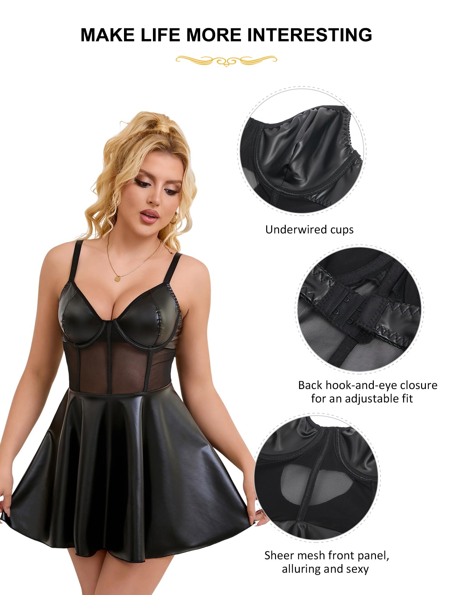 ohyeah Sexy PU Leather Mesh Babydoll Dress Lingerie Set for Women V Neck Slip Dress Underwire Nightgown Mini Boudoir Outfit