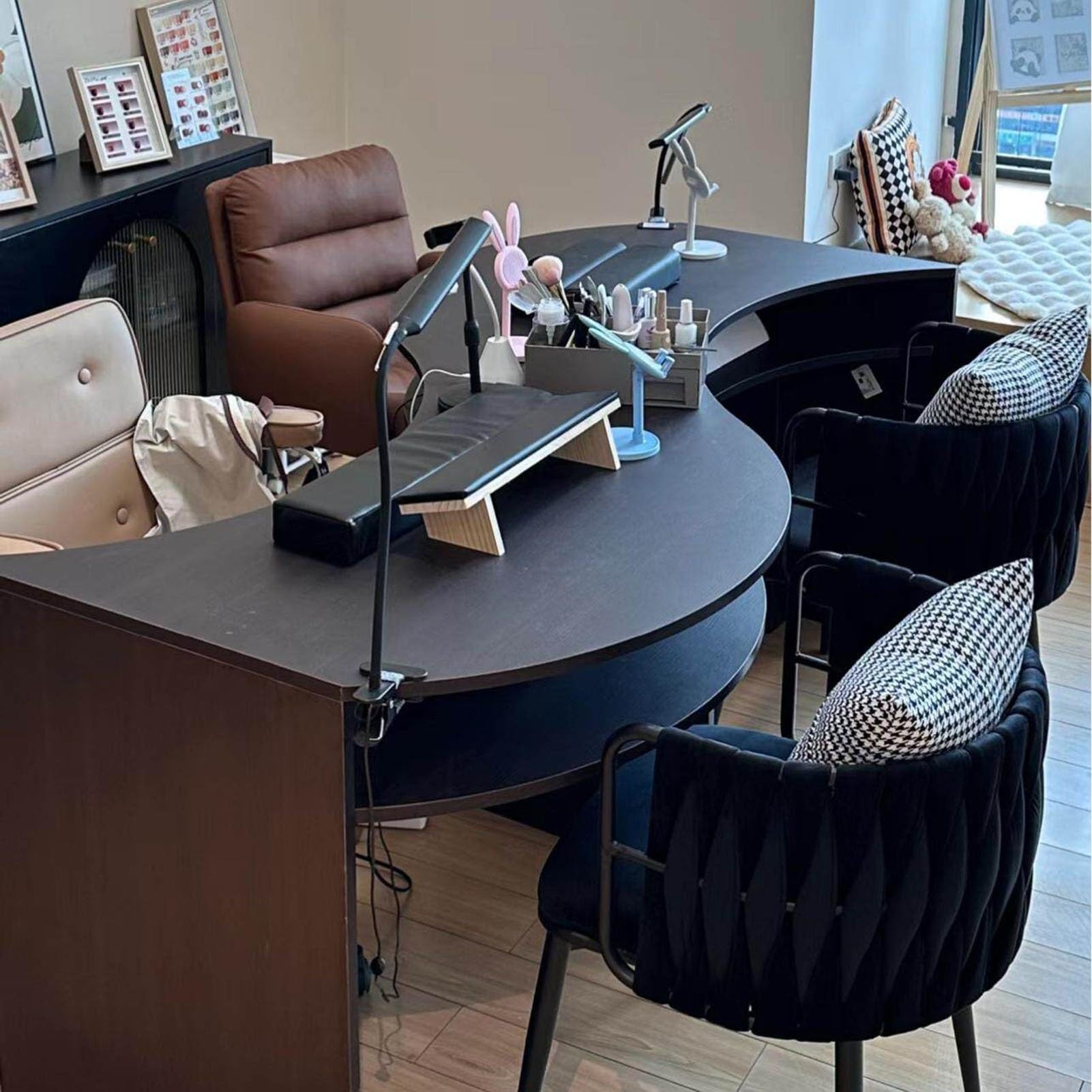 Nageltisch S-förmiger Nagelkunst-Tisch, Professioneller Beauty- Und Maniküre-Bank, Geeignet Für Den Einsatz Im Heimbüro(Black,240x55x78cm)