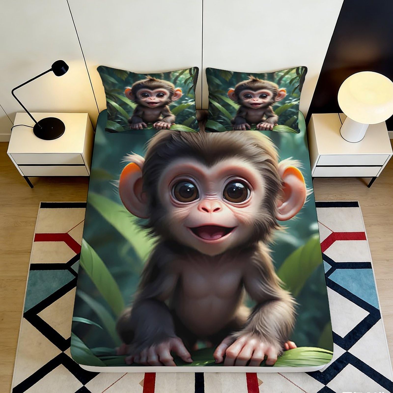 3D Printed Jungle Animal Fitted Sheet Microfiber Deep Pocket Bedroom Bedding Monkey Mattress Fitted Cover Non-Slip Washable All Ages 90x200x25cm