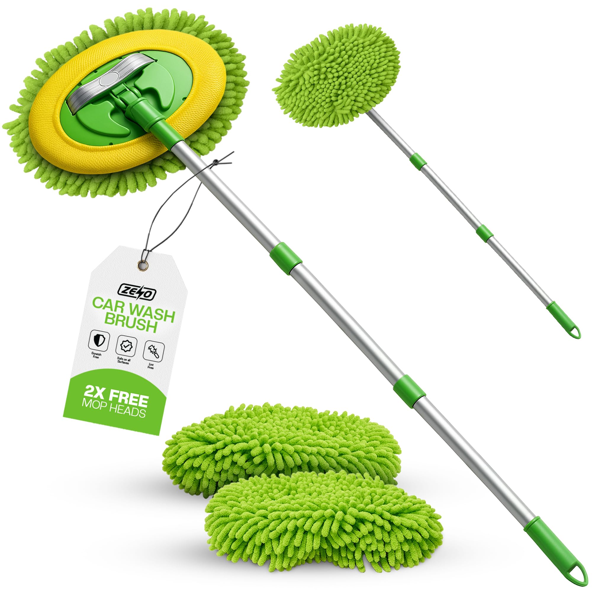 Car Cleaning Brush | Car Wash Brush | Microfibre Mop with Mittens | Car Washing Brush | Car Wash Kit for Cleaning Van Truck Caravan | Scratch Free 2 x Mop Heads | 1 x Extendable Pole 53-104cm
