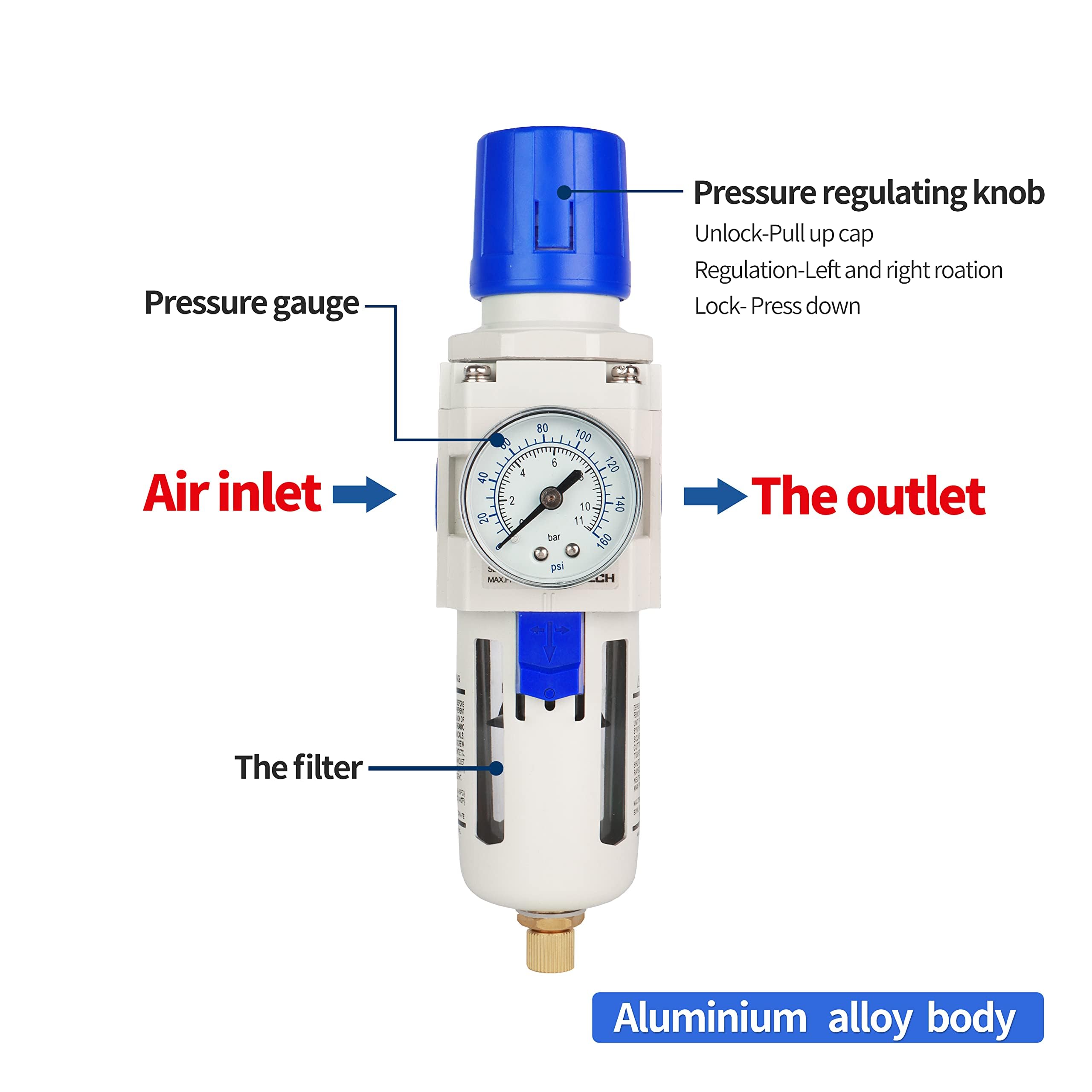 BLCH 3/8" BSP Drucklufttrockner - Druckregler und Kompressorfilter AW3000-03 mit halbautomatischem Wasserablass, Polycarbonat-Behälter, Manometer (0-160 PSI) und 5μm Messingfilter.