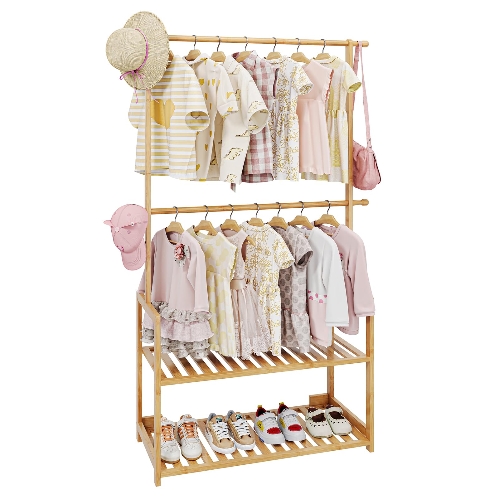 Dripex Clothing Rack Bamboo with 2-Tier Storage Shelves, Adjustable Hanging Rods, Garment Holder, Dress up Racks for Toddlers/Adult Bedroom