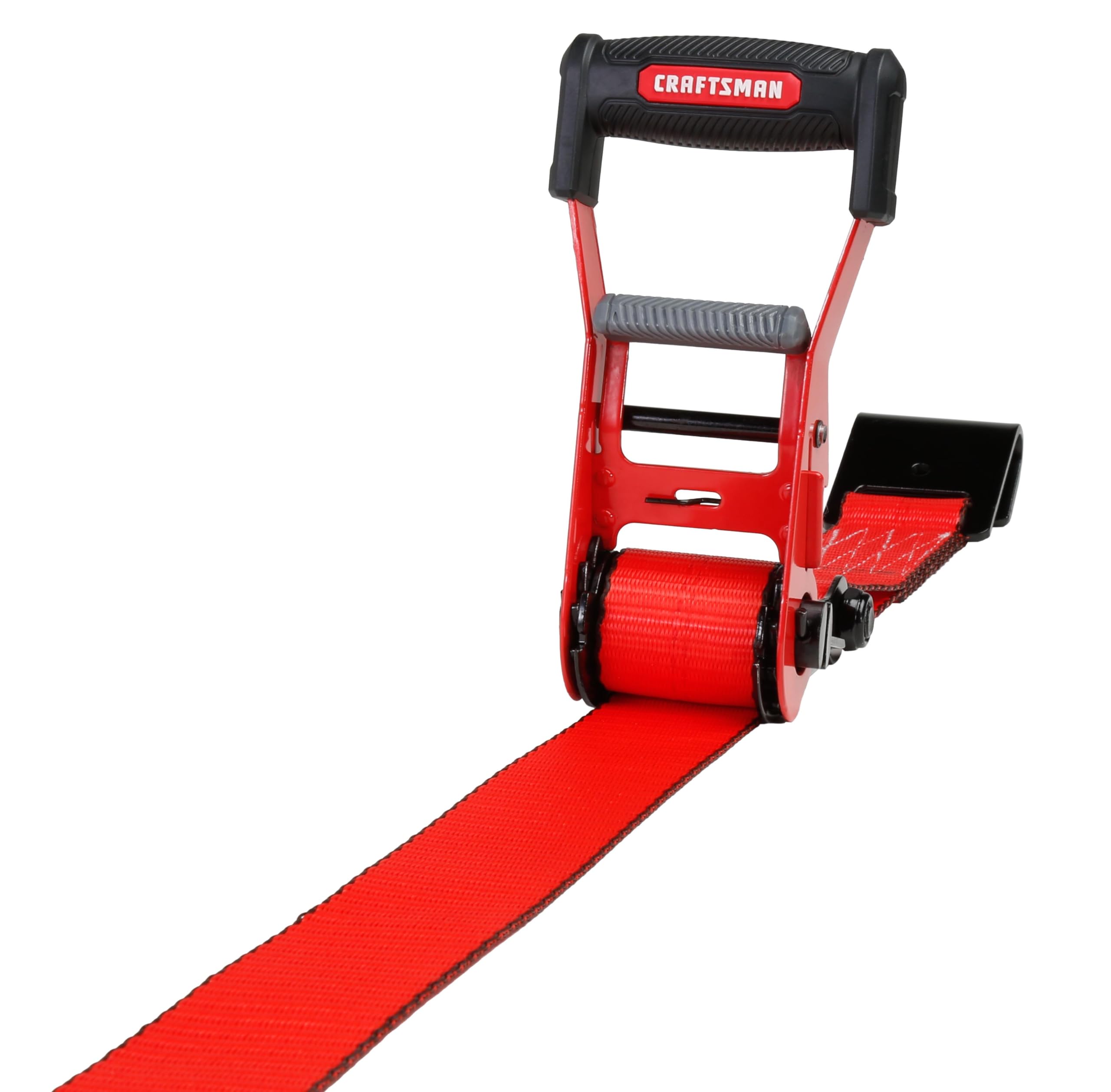 CRAFTSMAN CMXAZBS10000F Sangle d'arrimage à cliquet de 5,1 cm x 8,6 m avec Crochet Plat – Robuste/résistante à la Rupture de 4,5 kg, Noir/Rouge