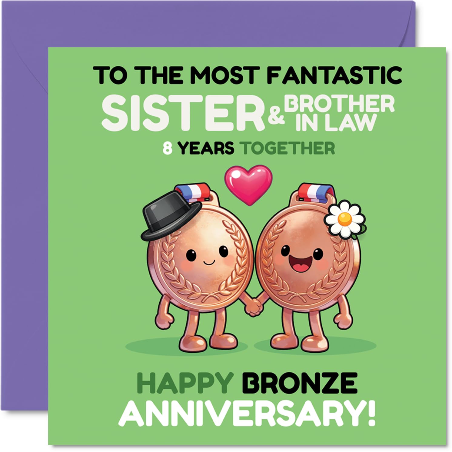 Milestone 8th Anniversary Card for Sister & Brother In Law - Celebrating 8 Brilliant Years - Cartoon Medals and Heart Design for a Bronze Anniversary - 145mm Square, Envelope Included