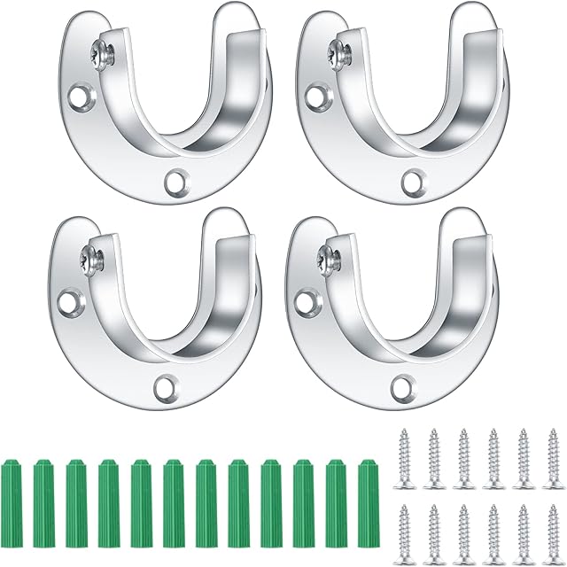 4 Packs Wardrobe Pole Brackets, 25 mm/1 inch Stainless Steel Closet Pole Sockets, U Shaped Flange Rod Holder, Closet Rod Bracket End Supports for Wardrobe Shower Curtain, with Screws