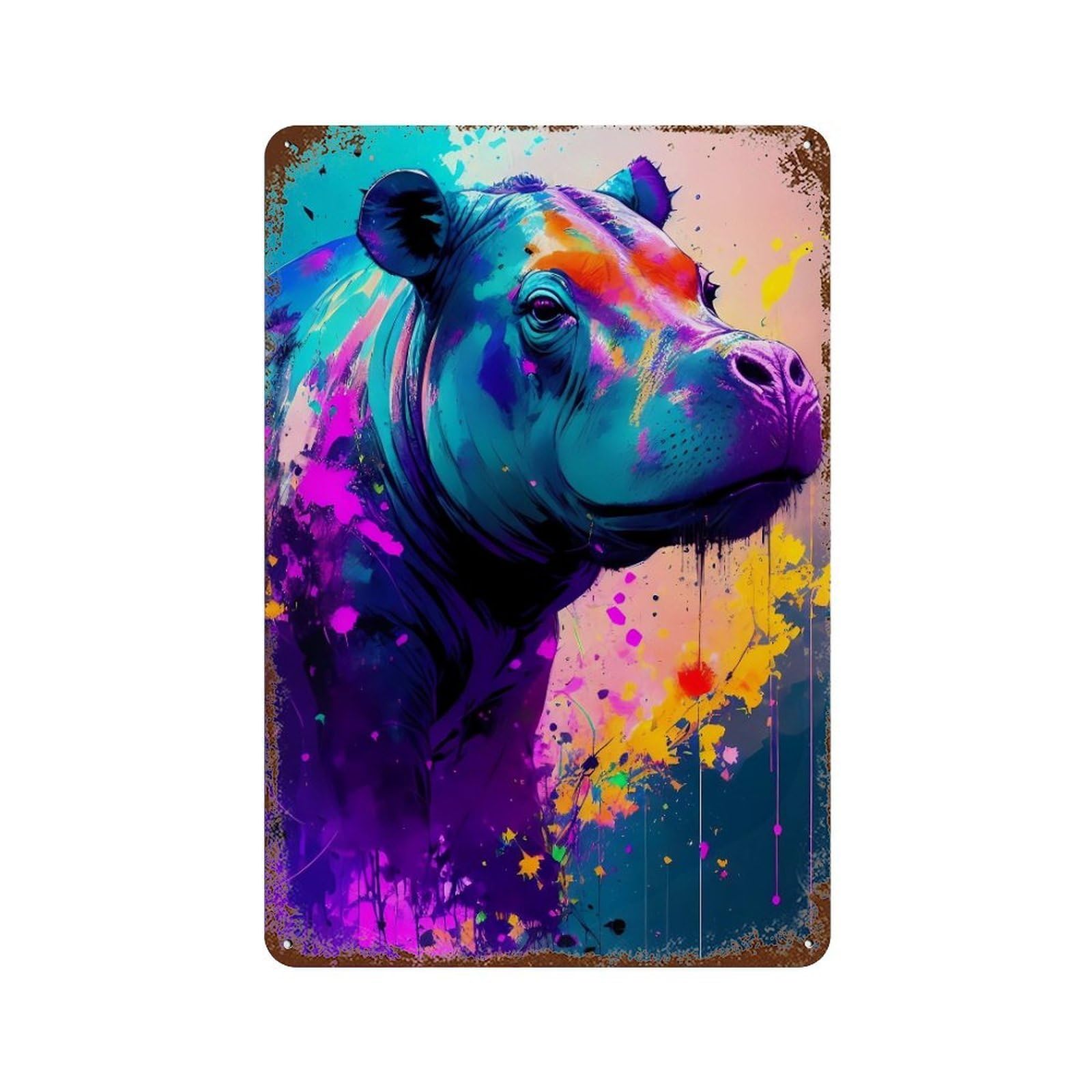 Distressed Metal Wall Sign with Colorful Hippo Art Print Design 11.8"x7.9", for Shed, Workshop And Garage Wall Decor, Decorative Metal Wall Art