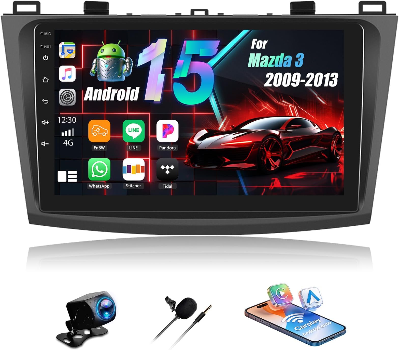 Car Radio Stereo for Mazda 3 2009 2010 2011 2012 2013,Android 15 2G+64G Wireless Carplay Android Auto,9 Inch Touchscreen Car Radio GPS WiFi Bluetooth FM/RDS SWC Dual USB/AUX-in Backup Camera