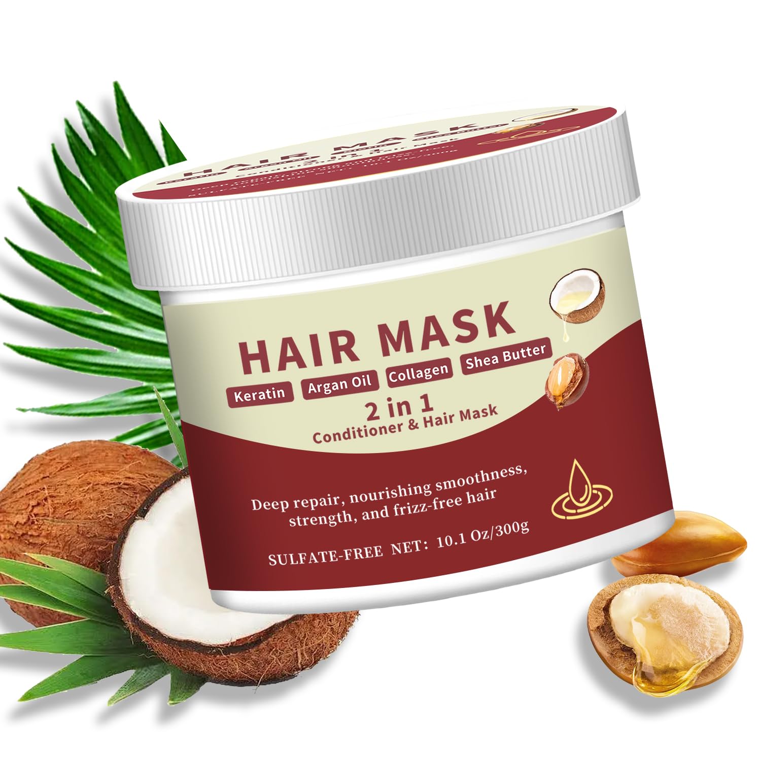 Collagen Hair Mask for Dry & Damaged Hair, Sulfate-Free Keratin Deep Conditioner with Biotin, Shea Butter & Coconut Oil, Moisturizing Hair Repair Treatment for Split Ends & Frizz Control, 10.1 oz