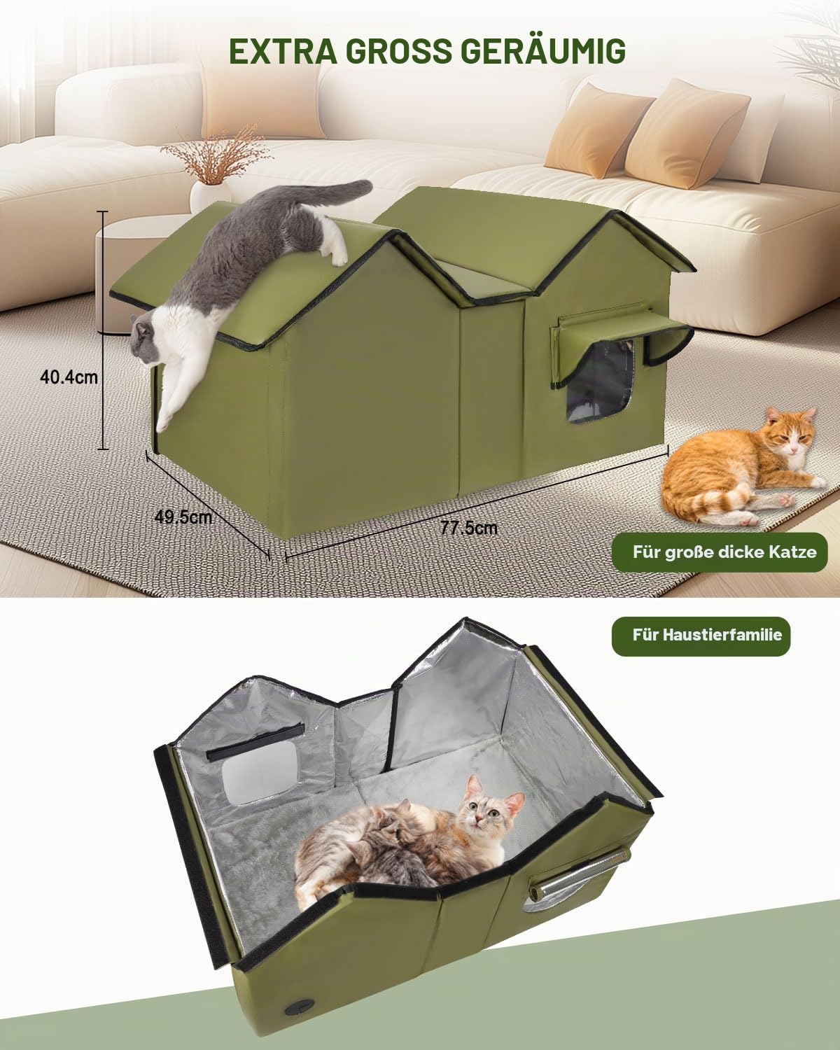 Outdoor Katzenhaus, Extra Large wasserdichtes Katzengehege mit erhöhter Basis, isoliertes Haustierhaus für Indoor-Outdoor-Katzen und kleine Hunde, Schutzhütte für mehrere Streifenhörnchen, Grün