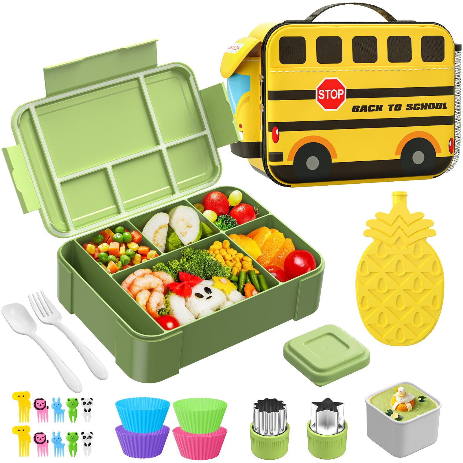HOMETALLBento Lunch Box Kit - Lunch Box Kids with Insulated Lunch Bag and Fun Accessories, 1450ML-6 Compartment Leak-Proof Bento Box, Suitable for Kids Go to School, Picnics, BPA-Free