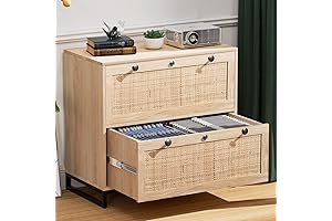 VINGLI Wood Rattan File Cabinet with Rustic Metal Handles for Letter Size Folders