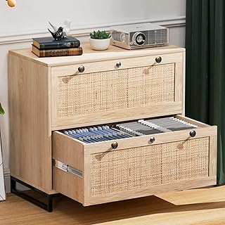 VINGLI Wood Rattan 2-Drawer Lateral File Cabinet with Lock for Home Office, Lockable Filing Cabinet with Rustic Metal Handles for Hanging Letter/A4/Legal Size Labeled Folders, Oak, 30W x 16D x 28H