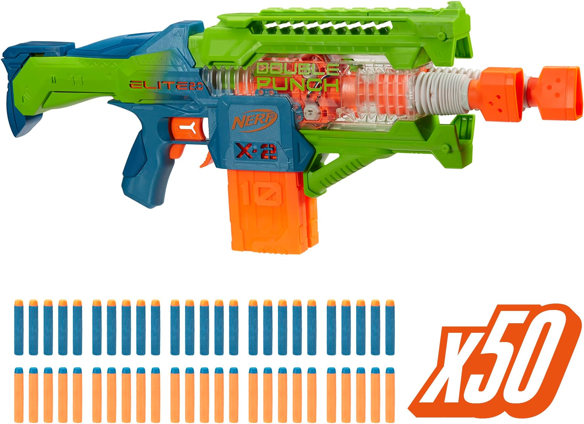 Elite 2.0 Double Punch Motorized Blaster with Rapid Alternating Barrels and Double Clips for Kids Aged 8 and Up