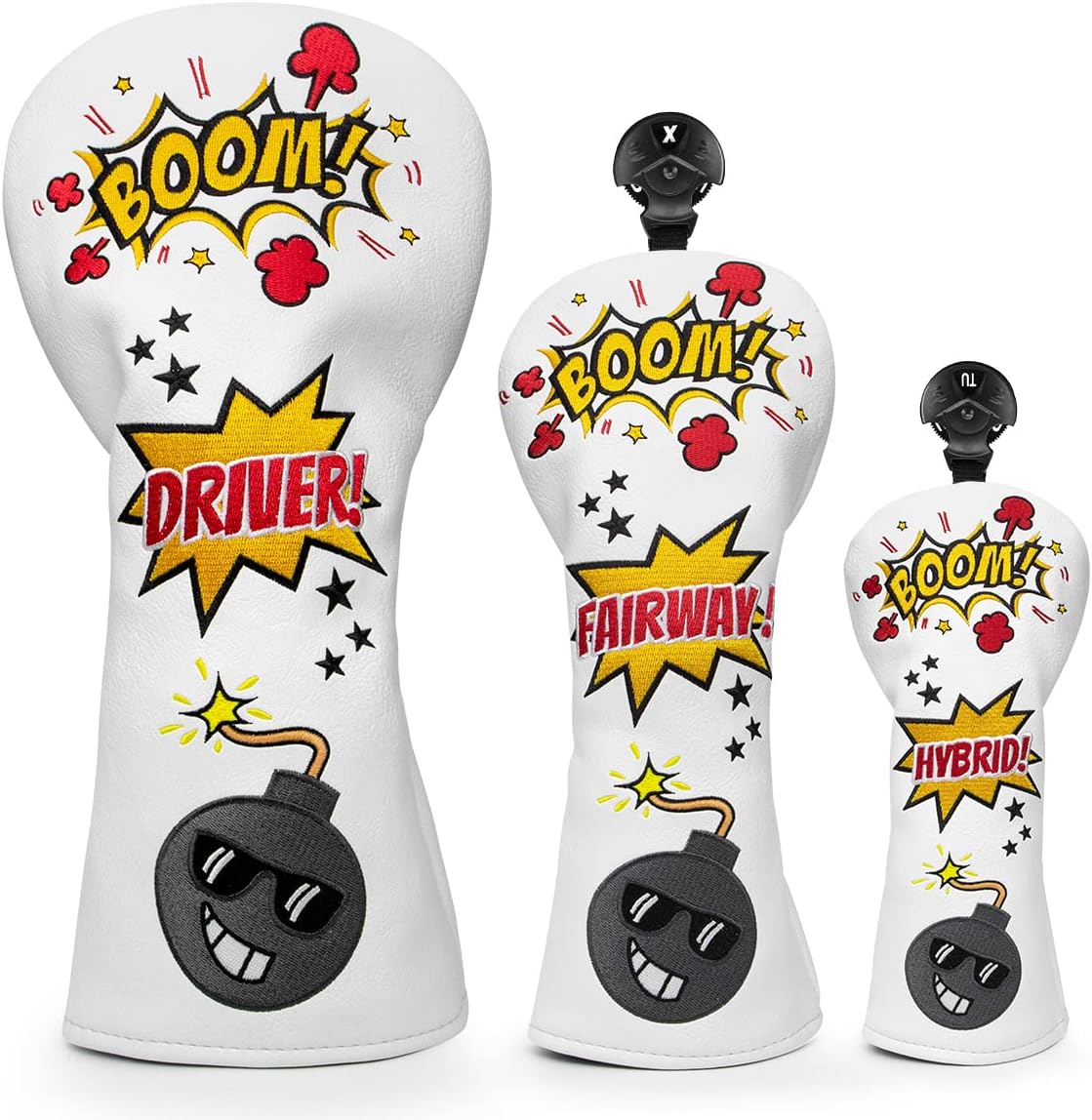 Bomb Golf Club Covers for Driver, Fairway, Hybrids - 4 Options - Golf Driver Headcover/Golf Fairway Wood Head Cover/Hybrid Headcover for Men/Women Golfer - White Synthetic Leather Golf Headcover