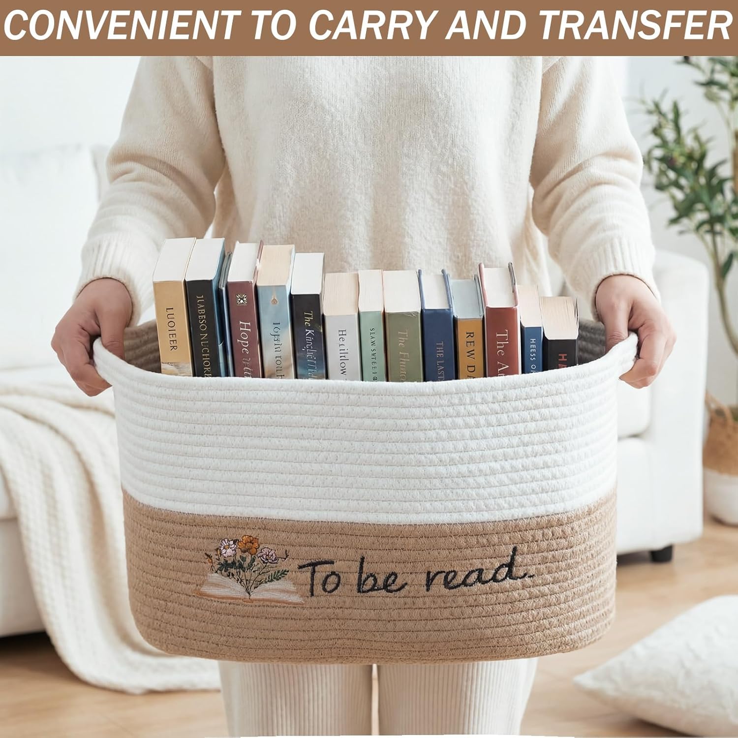 Book Lover Storage Basket Woven Embroidered Storage Bins Gift Tbr Rope Book Basket to Be Read List Bin Bookish Accessories Bookworm Gift for Toy Organizer Club Members Reading Nursery