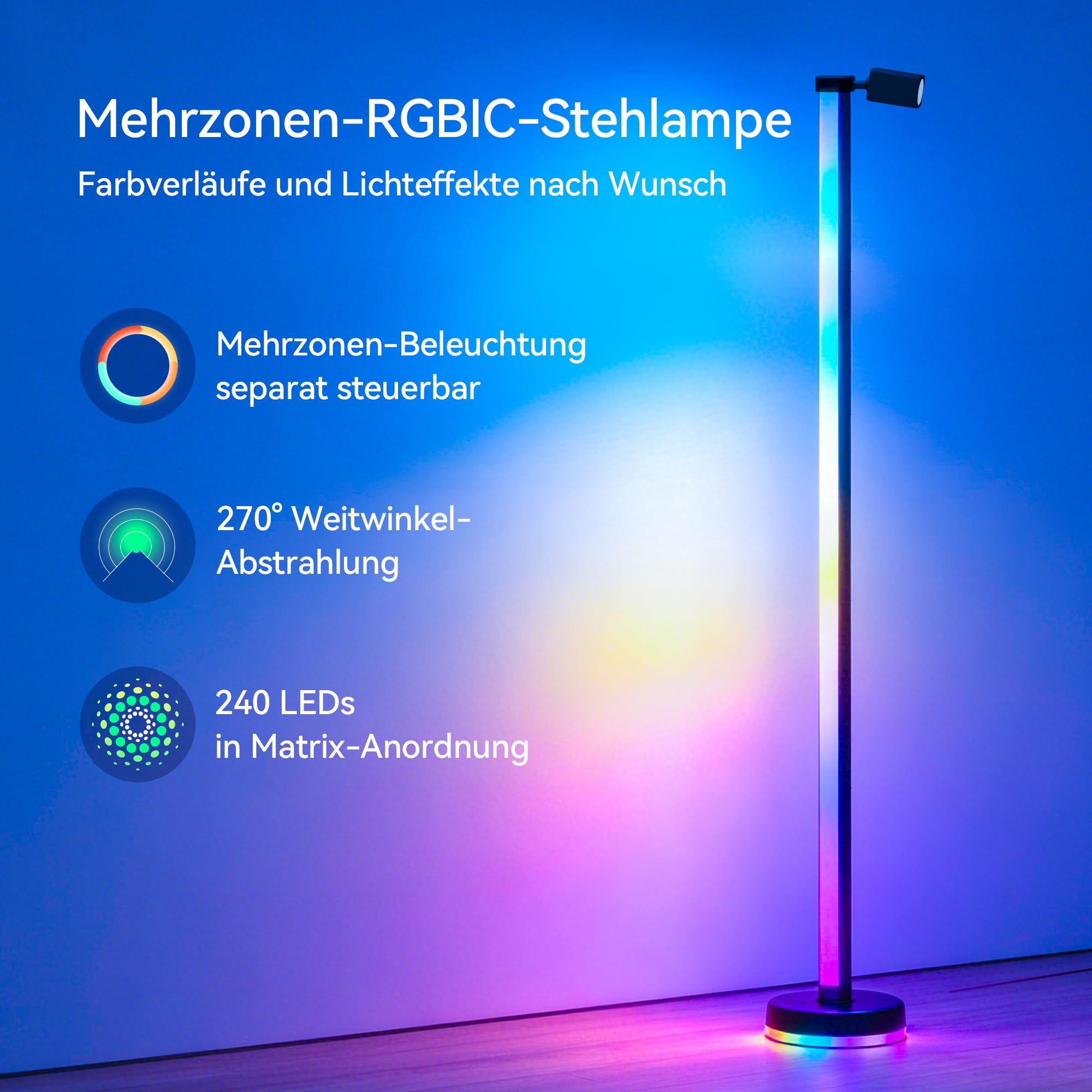 RGBICWW LED Stehlampe Wohnzimmer Dimmbar mit Leselampe 149,7cm | 16 Mio. Farben, 270° Licht, App & Fernbedienung, Musik-Sync, Timer für Schlafzimmer & Gaming, Lineora-02