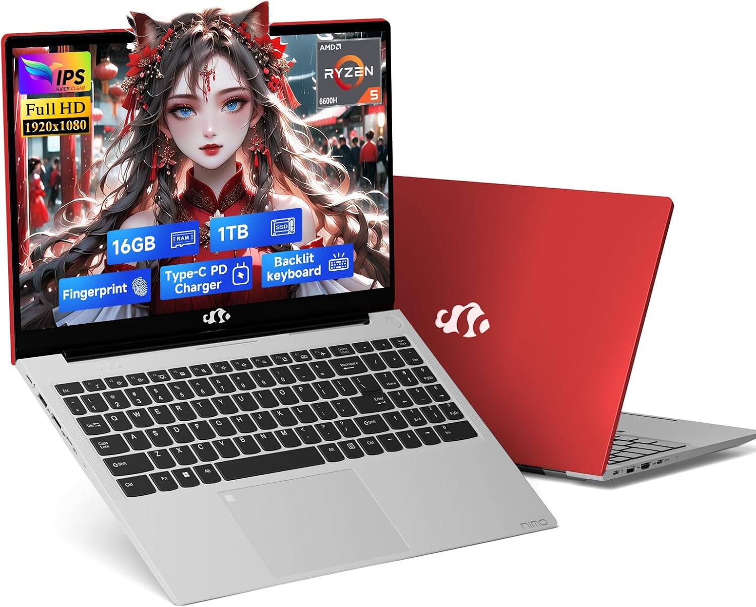 NIMO 15.6" IPS FHD-Gaming-Laptop, 6 Cores AMD Ryzen 5 6600H 16GB DDR5 RAM 1TB SSD (Beat i7-1165G7 up to 4.5GHz) 660M 6nm GPU-Computer with 100W Type-C Backlit Keyboard, Fingerprint