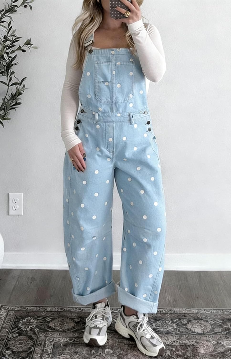 chouyatou Women Y2K Polka Dot Denim Bib Overalls Wide Leg Boyfriend Baggy Barrel Jeans Overalls Jumpsuits
