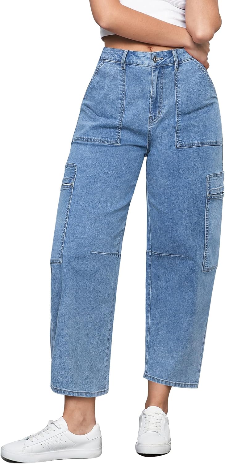 GRAPENT Barrel Jeans for Women Trendy High Waisted Cropped Cargo Pocket Baggy Stretch Denim Pants Wide Leg Tapered Jeans