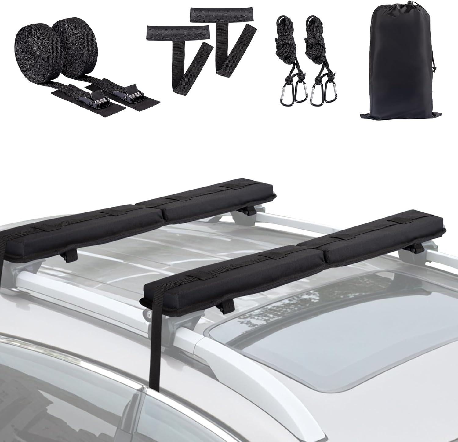Universal Soft Roof Rack Pads 30“ Luggage Carrier System for Kayak,Surfboard, SUP, Canoe, Snowboard with 2 Tie Down Straps, 2 Tie Down Ropes, 2 Hood Loops and Storage Bag(Black)