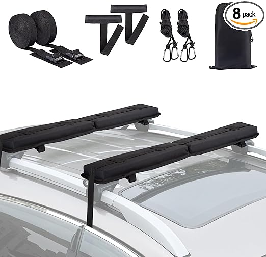 Universal Soft Roof Rack Pads Luggage Carrier System for Kayak,Surfboard, SUP, Canoe, Snowboard with 2 Tie Down Straps, 2 Tie Down Ropes, 2 Hood Loops and Storage Bag(Black)