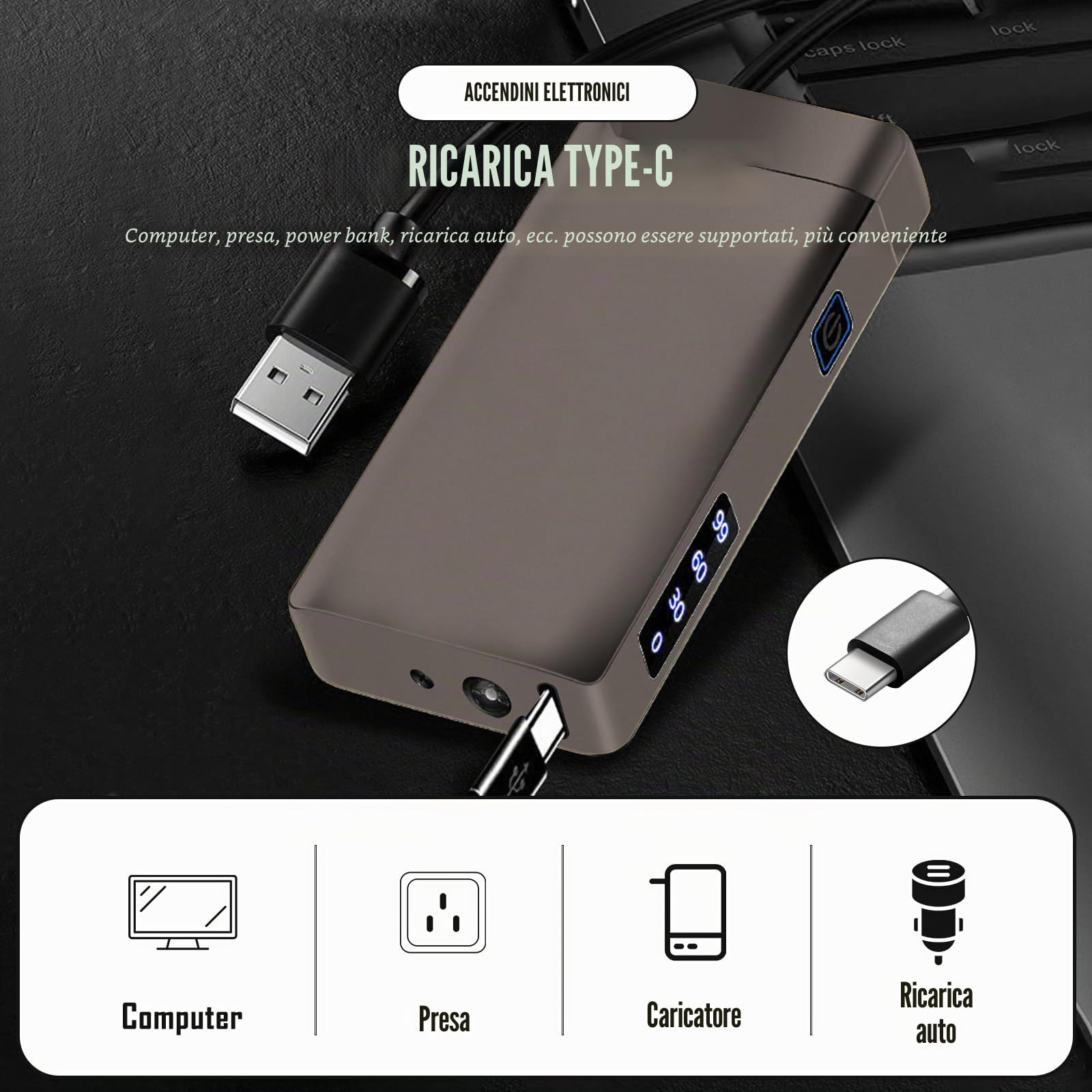 SKRFIRE Accendino elettrico antivento ricaricabile – Plasma Arc Design, ricarica USB, indicatore digitale della batteria, indispensabile per sopravvivenza, escursionismo e barbecue (nero lucido)