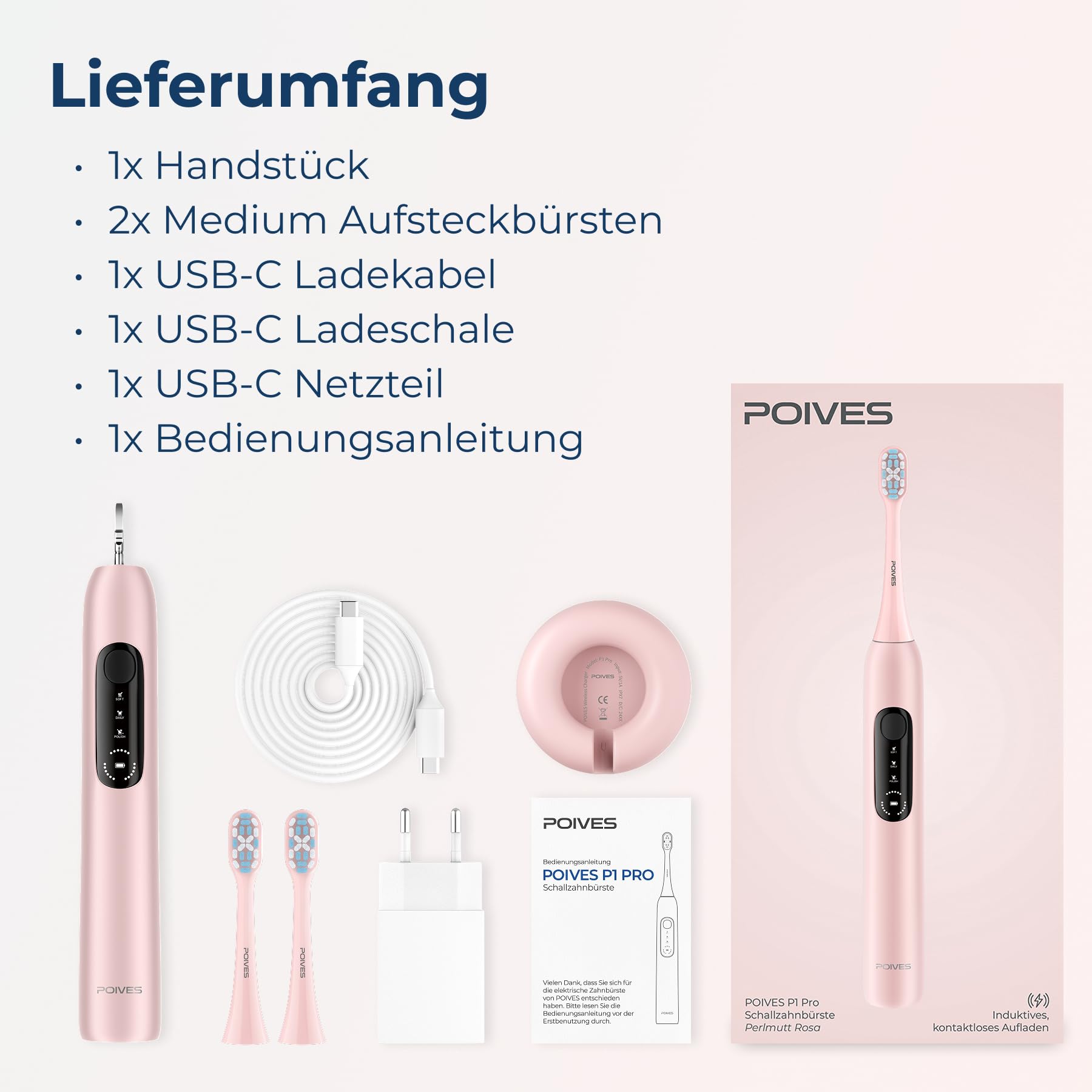 P1 Pro - Cepillo de dientes eléctrico con sensor de presión para una limpieza segura, potente cepillo de dientes sónico con motor Neoglide, batería de 60 días, Perlmutt Rosa