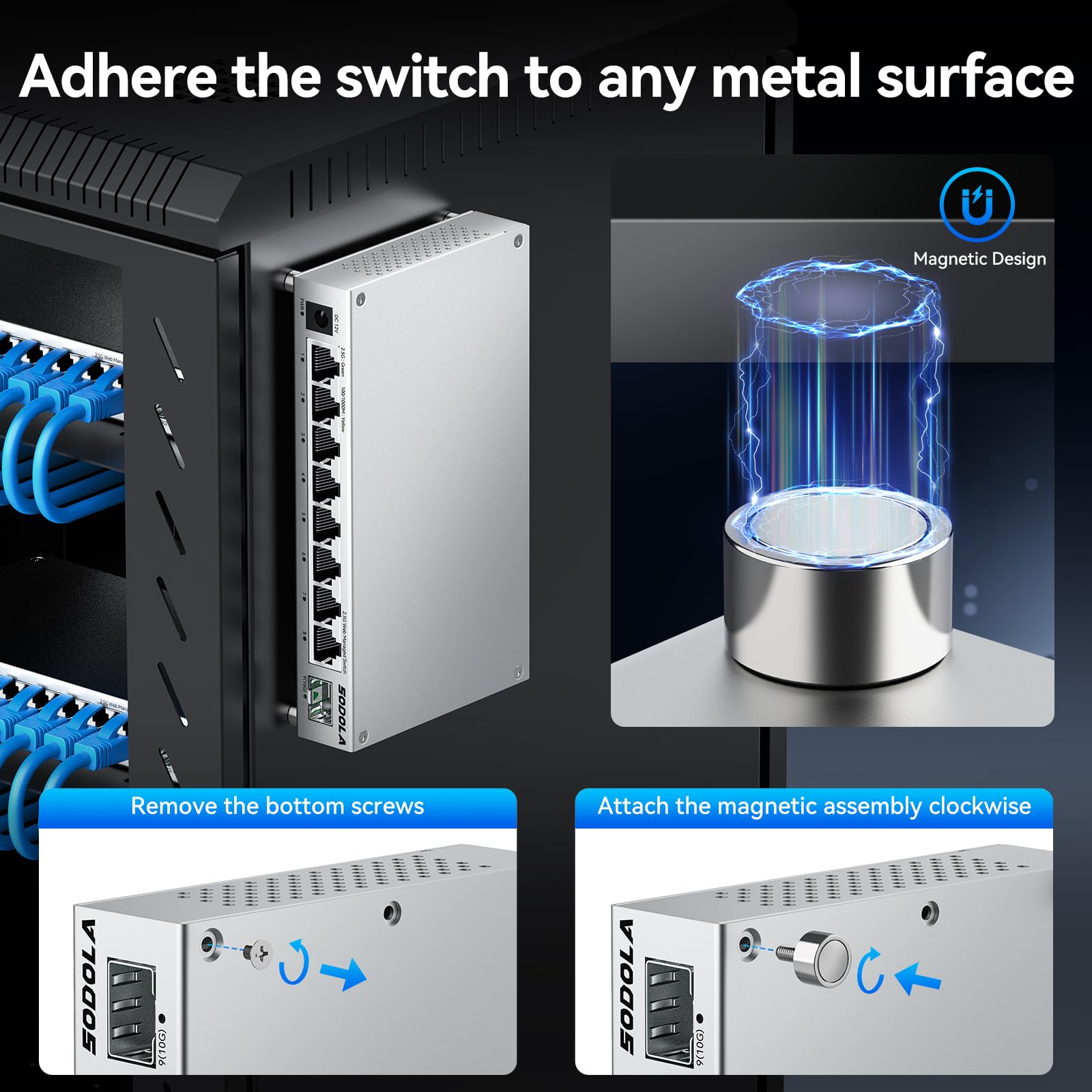 SODOLA 8-Port 2,5Gb Web Managed Switch,8X2.5G Base-T&1X10G SFP+ | Aluminium-Kühlung & Magnetfüßen – LACP/QoS/VLAN/IGMP Verwaltbarer Multi-Gigabit Switch für Homelab & Professionelle Netzwerke