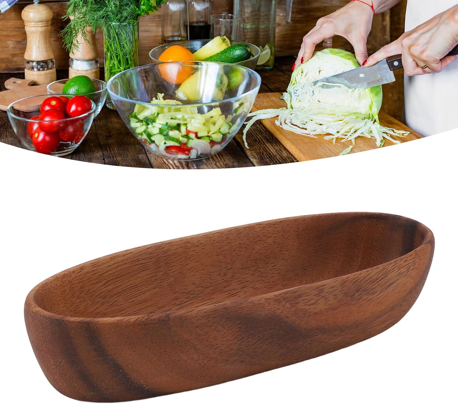 Salad Bowls, Wooden Multipurpose Large Capacity Wooden Boat Shaped Bowl for Food Bread Fruits Snack Dessert 22x8.5x4.5cm / 8.7x3.3x1.8in