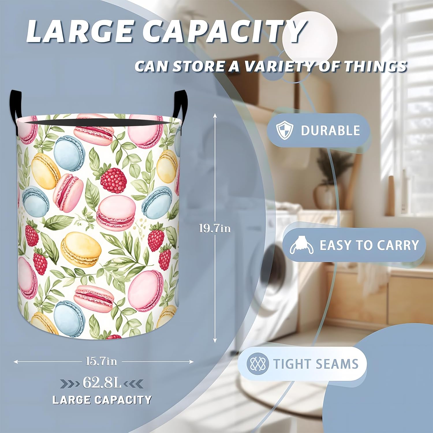 Sweet Macaron Laundry Basket, Green Leaves Flower Dessert Storage Hamper, Round Collapsible Waterproof Cloth Bin, 19.7x15.7 Inch Cute Cartoon Clothes Organizer Gifts for Bathroom Decor image 3