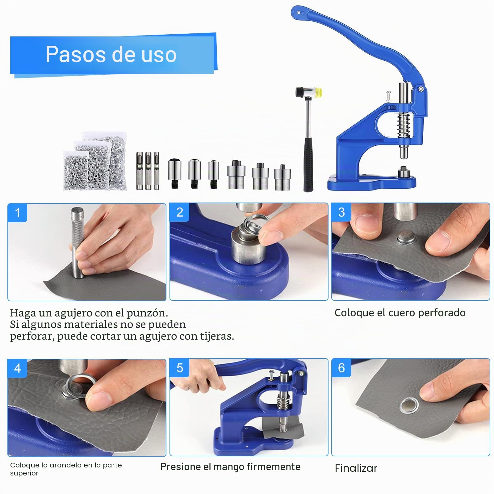 Topsky Prensa manual multifuncional con martillo | 3 juegos de sellos y 1500 ojales (6/10/12 mm) – Perfecto para ojales, botones de presión y más, tu solución todo en uno