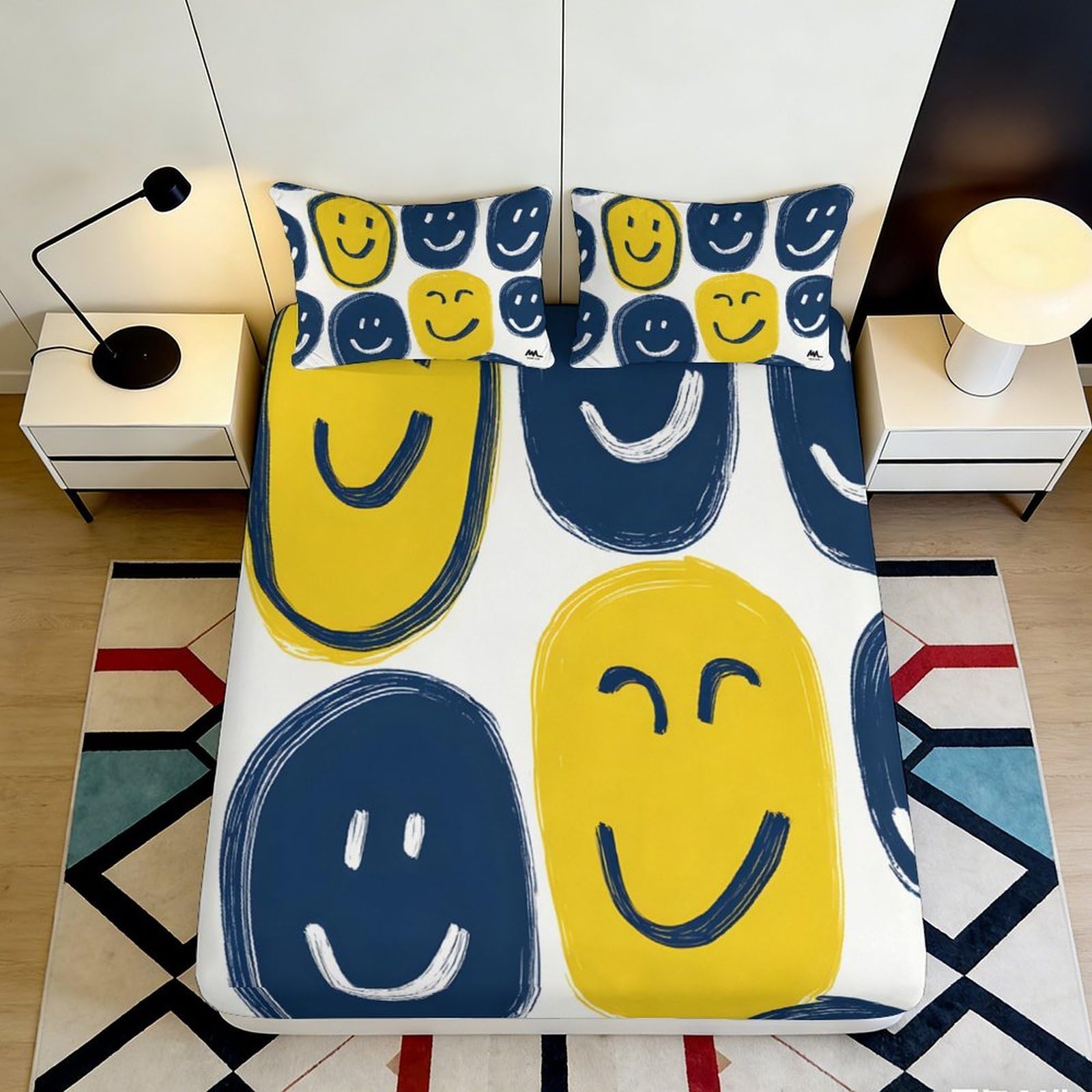 3D Printed Yellow Blue Smiley Face Fitted Sheet Microfiber Soft Breathable Happy Pattern Mattress Cover for Bedroom Dormitory Guest Room Mattress Protection Decor 140x200x25cm
