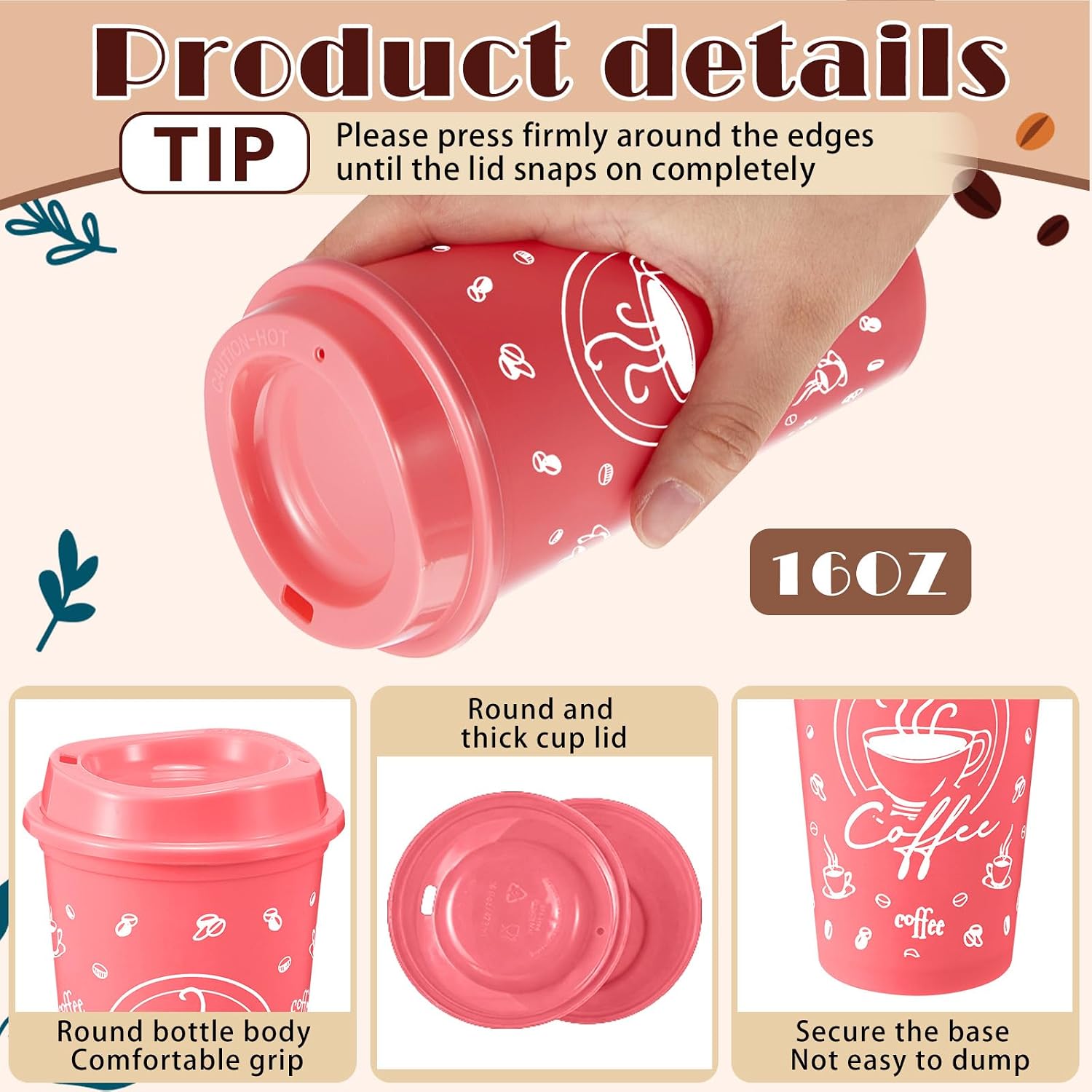 12 Sets Reusable Coffee Cups with Lids, 16oz, Pink Series image 3