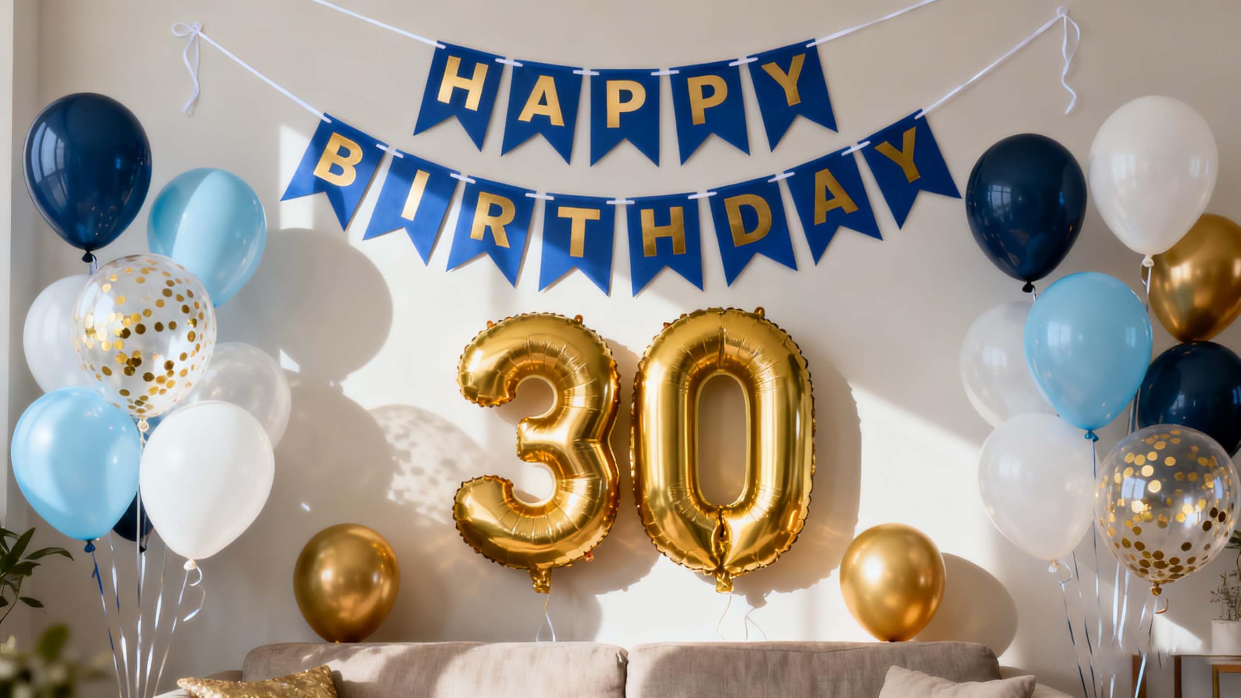 30th Birthday Decorations for Him, Blue Gold 30th Birthday Decorations Number 30 Birthday Foil Balloons Blue Gold Confetti Balloons for Men Him