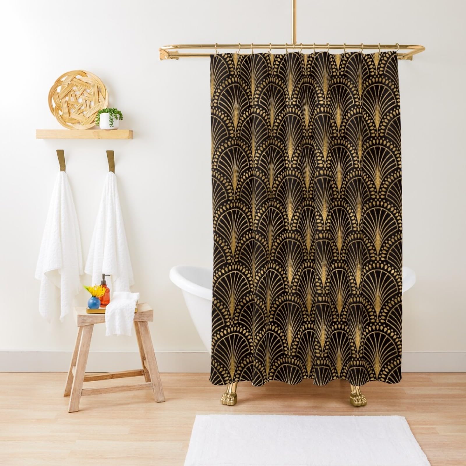 Duschvorhang Tropische Blätter – Schwarz-gold, Wasserdicht (183 X 183 Cm)
