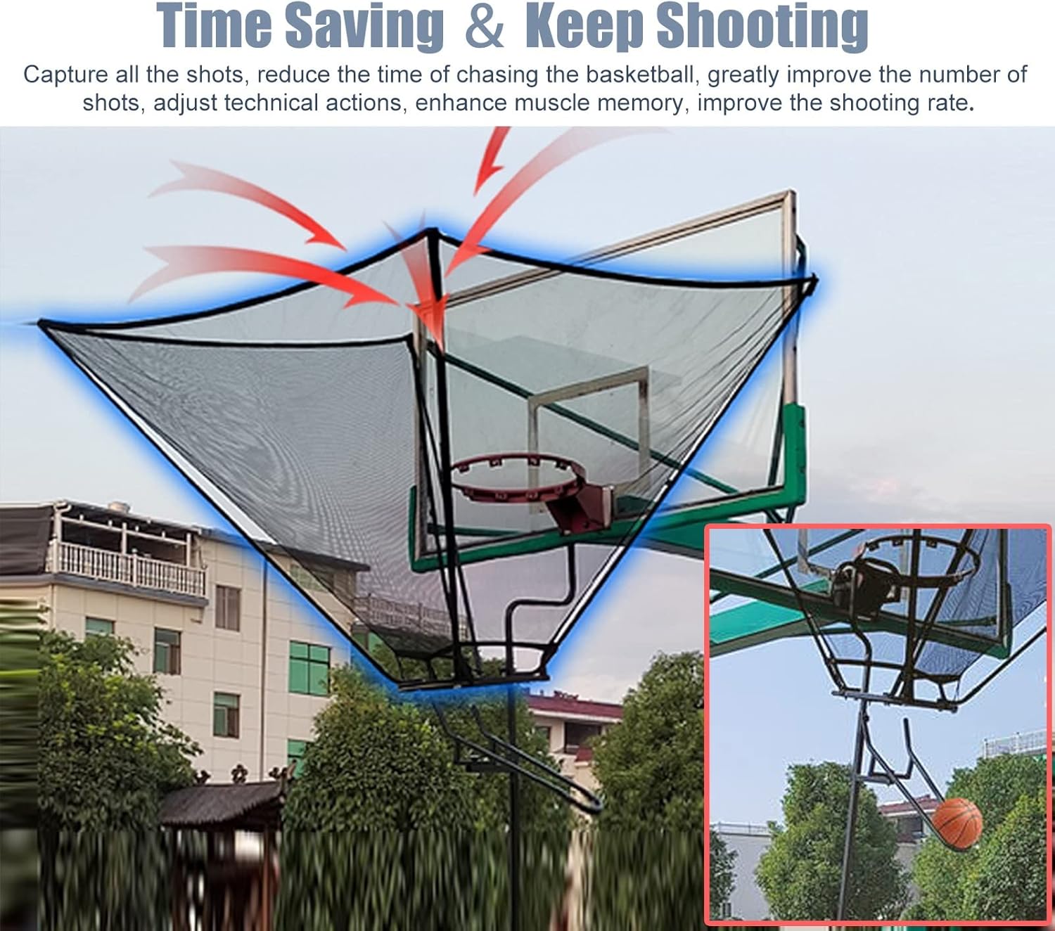 Basketball Hoop Returner Shot Return Apparatus - Attachment/Shooting Trainer with Bag Hanging Rebounder Acce