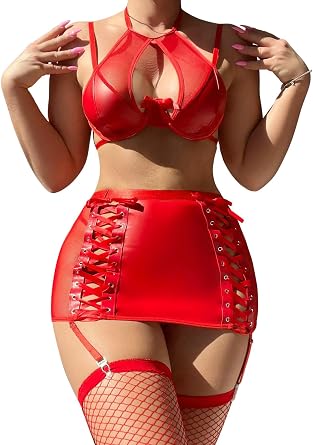 Foxiny Sexy Cutout Halter Underwire Leather Mesh Sheer Mini Skirt Stocking Lingerie Set 4 Piece Outfits