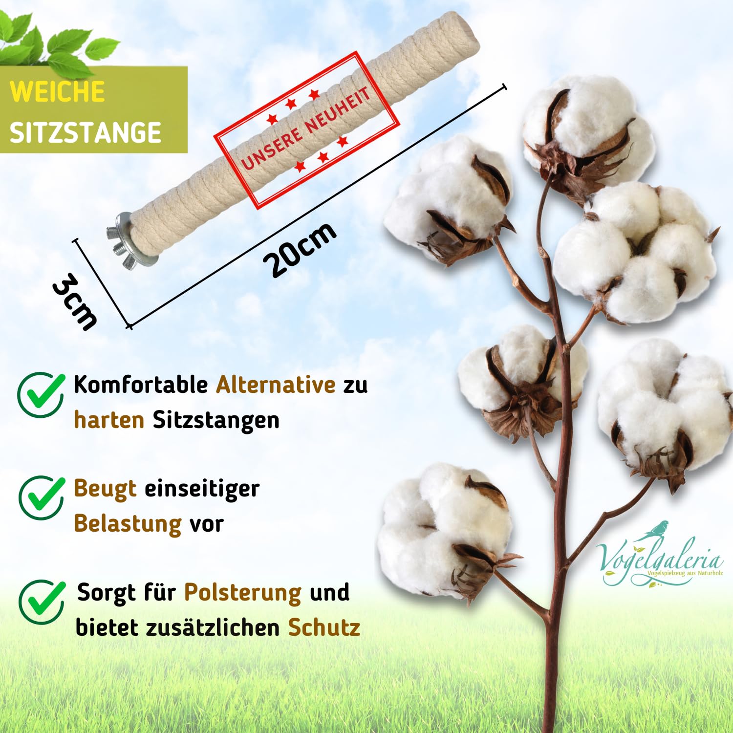 Vogelgaleria® Perch Natural Wood with Cotton Budgie Accessories for Bird Cage Extra Soft Also Suitable for Old and Sick Birds - Image 2