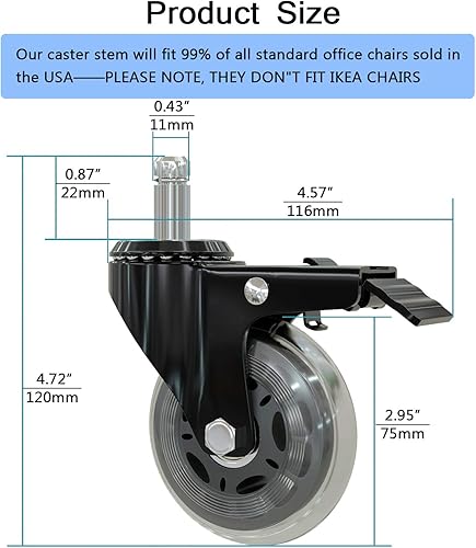 Miniatura 2 de Casoter Ruedas para sillas de oficina de 3 pulgadas con freno de repuesto, 5 unidades, freno Matel de bloqueo doble, juego de ruedas giratorias