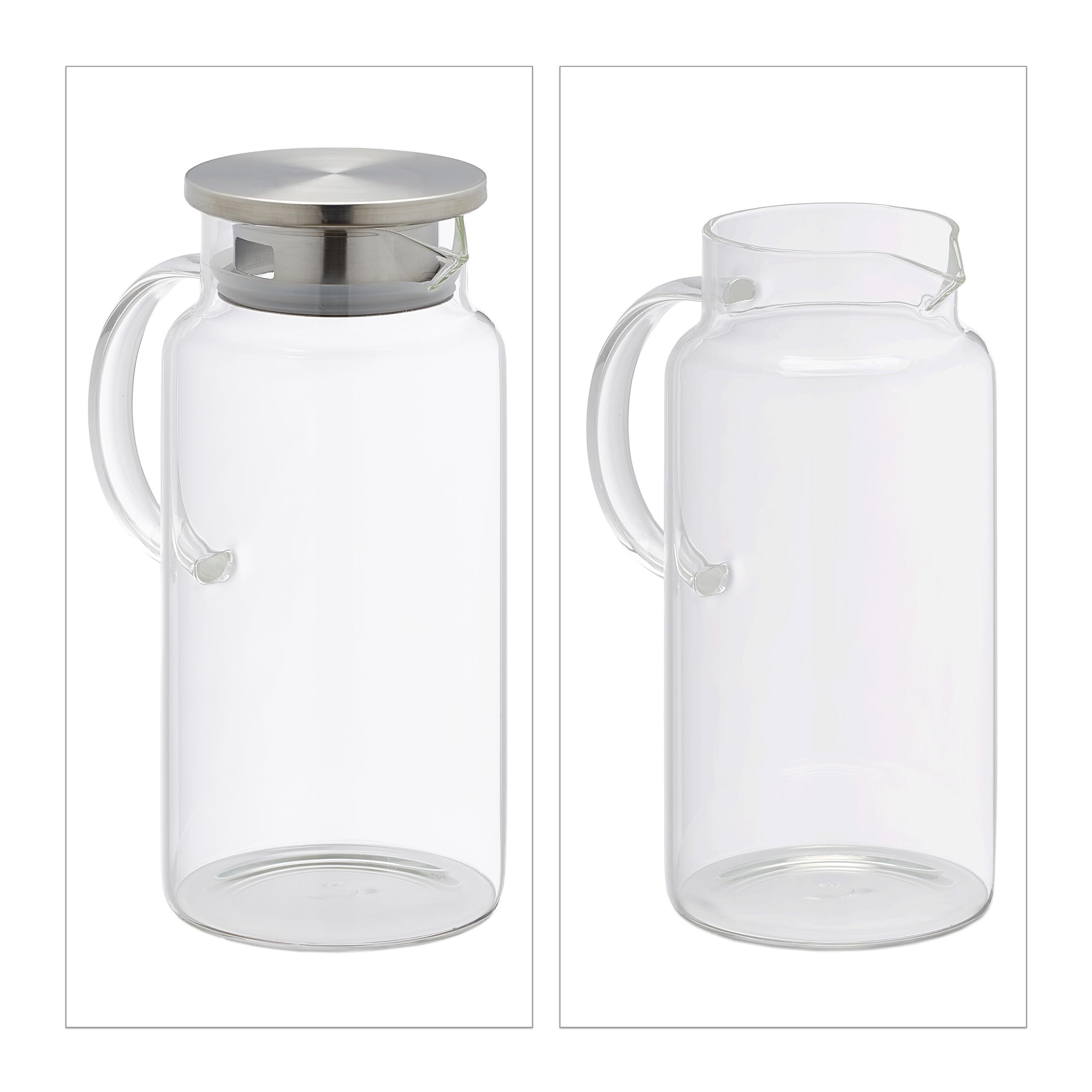Relaxdays Jarra Cristal, 1,3 L, con Tapa, Agua, Zumo, Té Frío, Apta Lavavajillas, Garrafa Vidrio, Transparente/Plateado, Acero Inoxidable