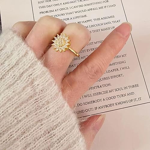 Miniatura 2 de Anillo de girasol para mujer, anillo dorado de cristal para ansiedad, circonita cúbica, girasol, abierto, ajustable, anillo giratorio para el sol,